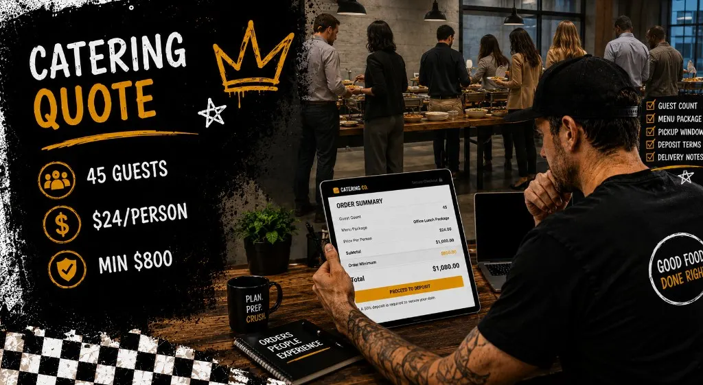 Restaurant manager reviewing a catering checkout screen on a tablet showing guest count, per-person package price, and order minimum
