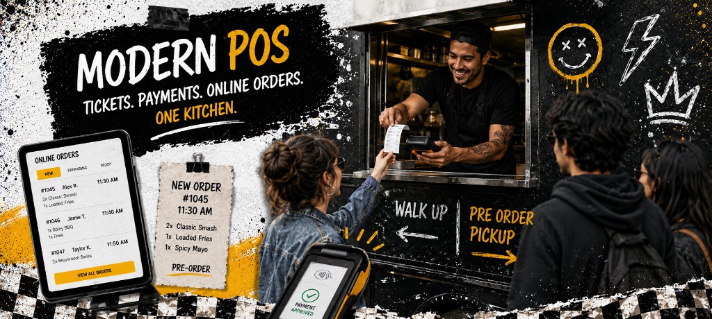 Food truck operator at a service window with a handheld POS terminal printing a ticket, tablet showing online pre-orders, and guests in both a walk-up line and a pre-order pickup lane