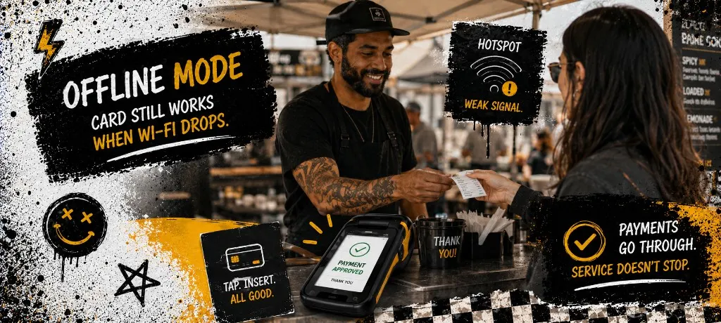 Pop-up vendor under a tent with a POS terminal showing a successful card payment while a phone hotspot icon shows weak signal, guest holding a receipt