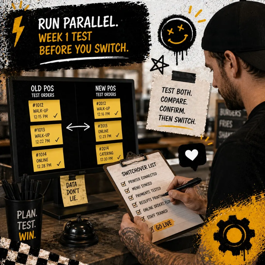 Owner at a counter with sticky notes on a monitor marking test orders from old POS and new POS paths, checking off a handwritten switchover list on a clipboard