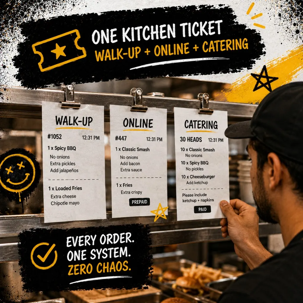 Kitchen pass with three tickets labeled Walk-Up, Online number 447, and Catering 30 heads clipped in a row, line cook reading modifiers on all three