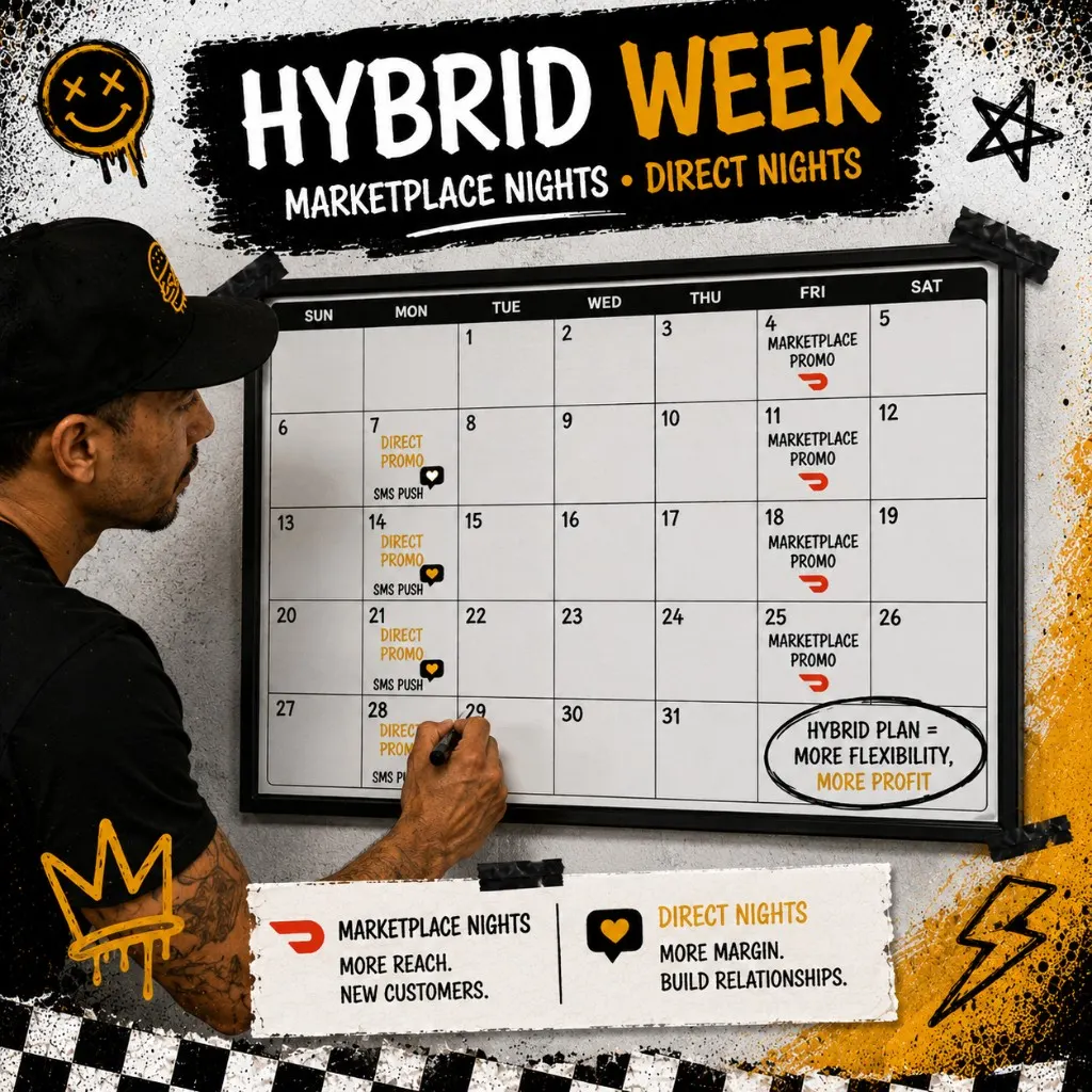 Wall calendar with marketplace promo nights marked on some days and direct promo nights marked on others, owner circling hybrid week plan