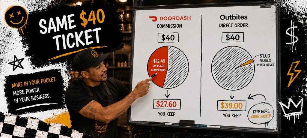 Whiteboard comparing the same forty dollar ticket with DoorDash commission slice versus one dollar fulfilled direct order fee