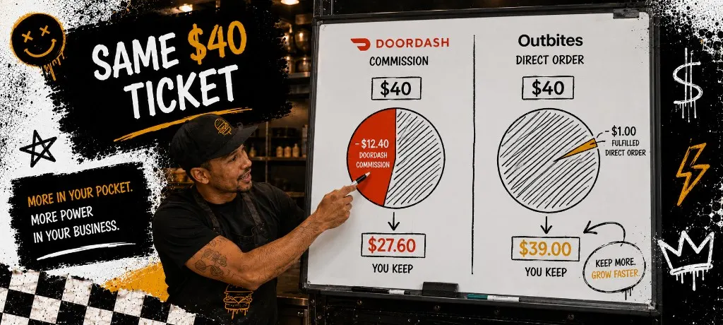 Whiteboard comparing the same forty dollar ticket with DoorDash commission slice versus one dollar fulfilled direct order fee
