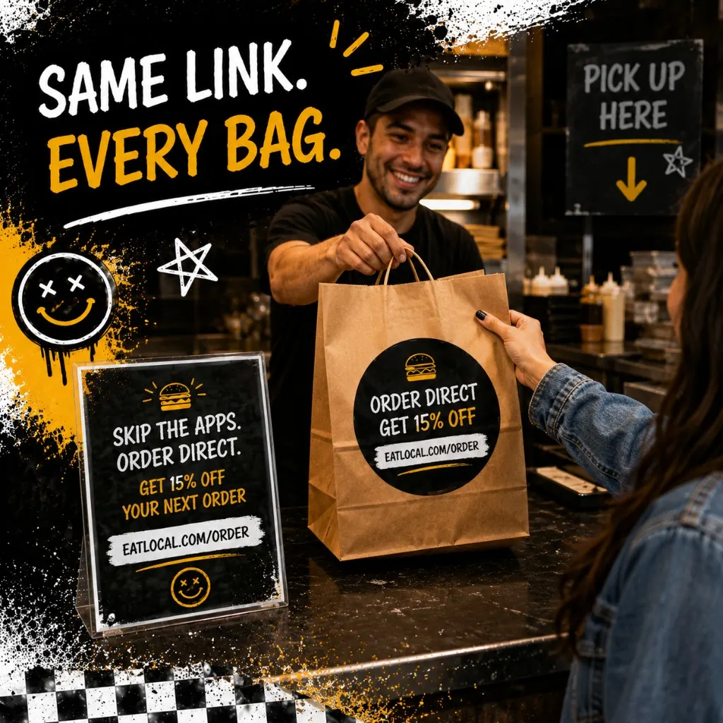 Table tent and bag sticker at a restaurant pickup counter showing direct order link and perk text
