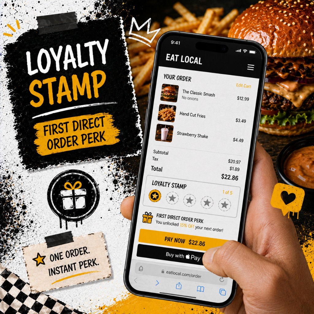 Phone browser checkout showing loyalty stamp progress and a small first-order perk line at checkout