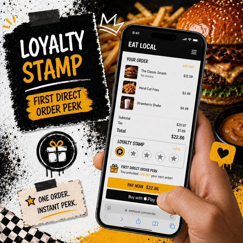 Phone browser checkout showing loyalty stamp progress and a small first-order perk line at checkout