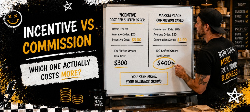 Whiteboard comparing incentive cost per order versus commission saved when a guest shifts from marketplace to direct ordering
