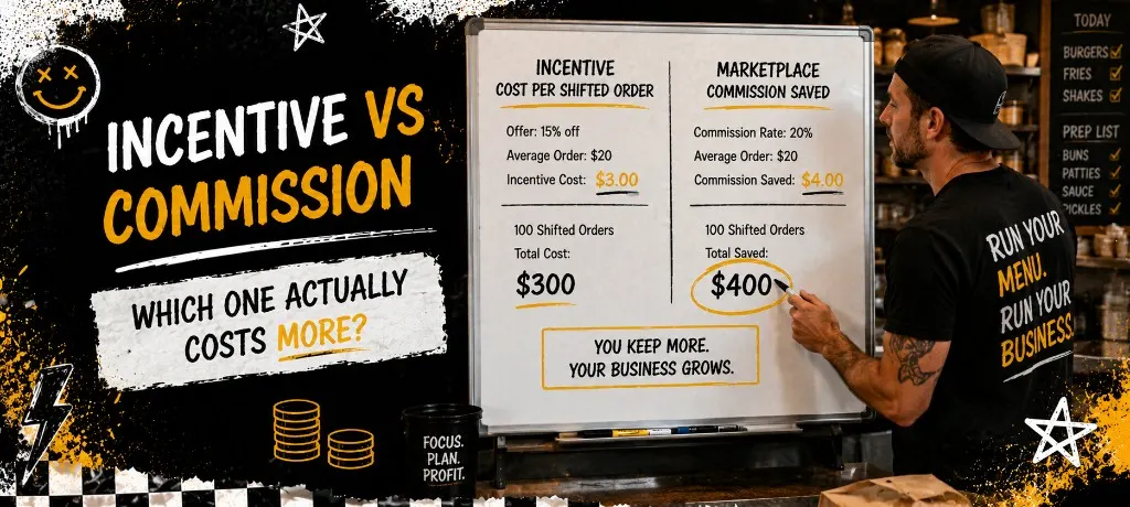 Whiteboard comparing incentive cost per order versus commission saved when a guest shifts from marketplace to direct ordering