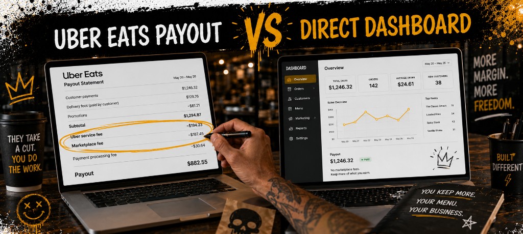 Restaurant owner at a desk comparing Uber Eats merchant payout statement on one laptop screen to a direct ordering sales dashboard on another