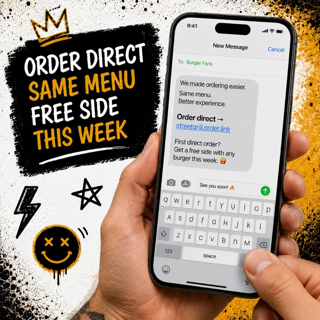 Phone screen showing SMS preview to guests with a direct ordering link and a short first-direct perk line
