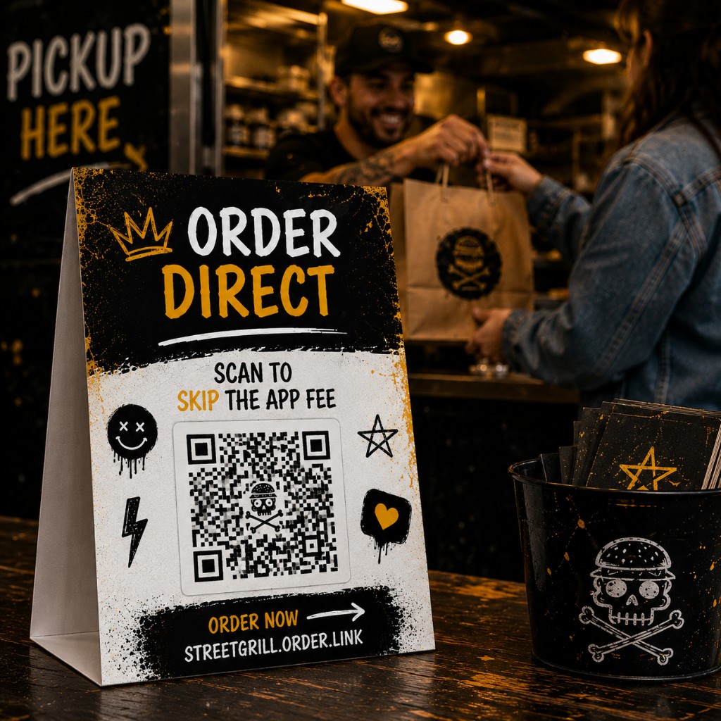 Printed table tent at restaurant pickup counter with QR code and direct ordering URL, guest picking up a bag in the background