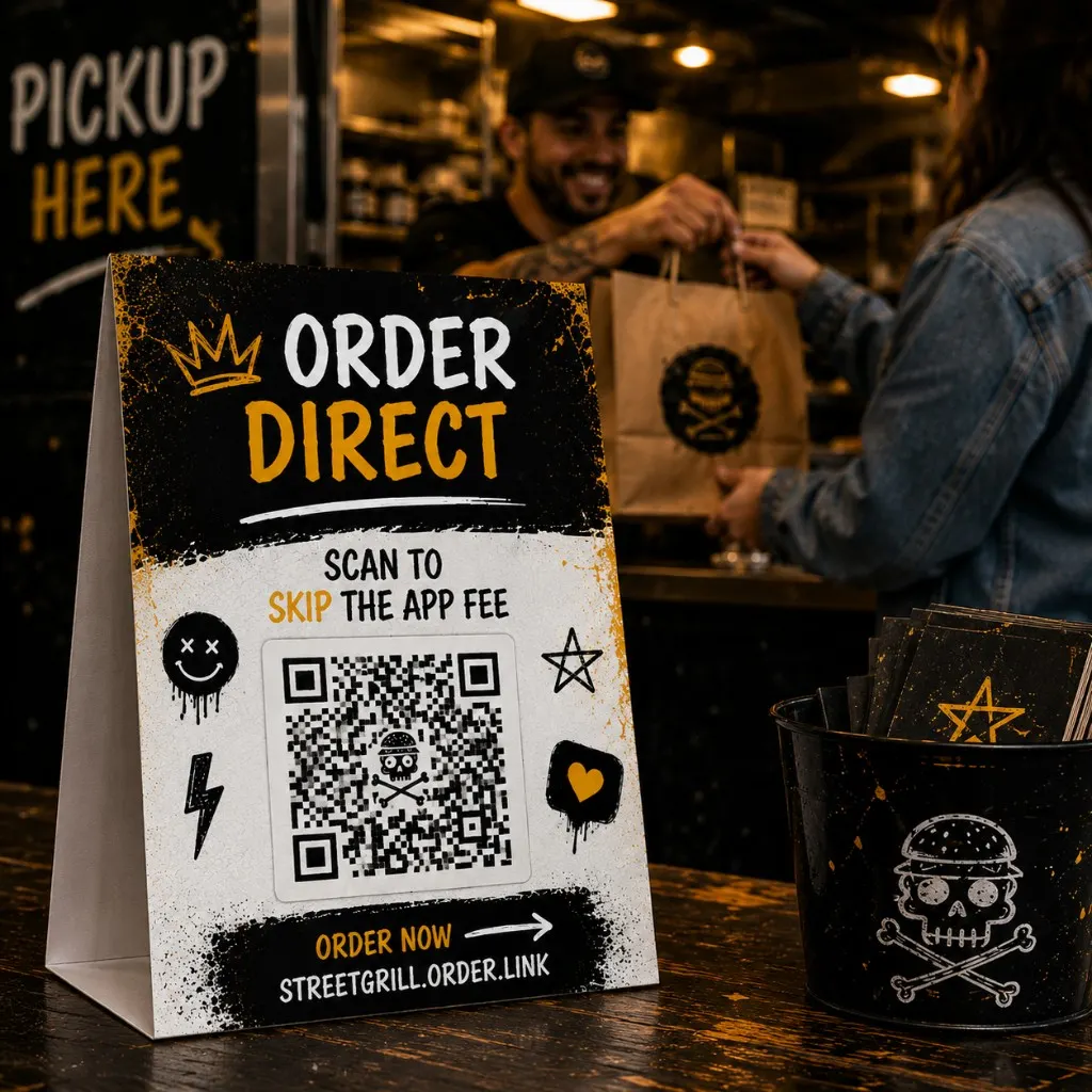 Printed table tent at restaurant pickup counter with QR code and direct ordering URL, guest picking up a bag in the background
