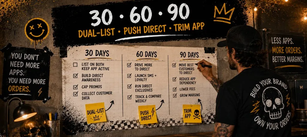 Wall calendar with handwritten 30-60-90 day migration timeline, phases labeled dual-list, push direct, and trim app