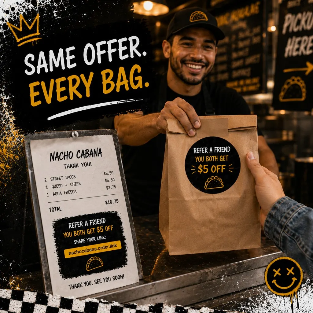 Crew member handing a takeout bag with a referral code sticker to a guest while a table tent shows the give a taco get a taco offer