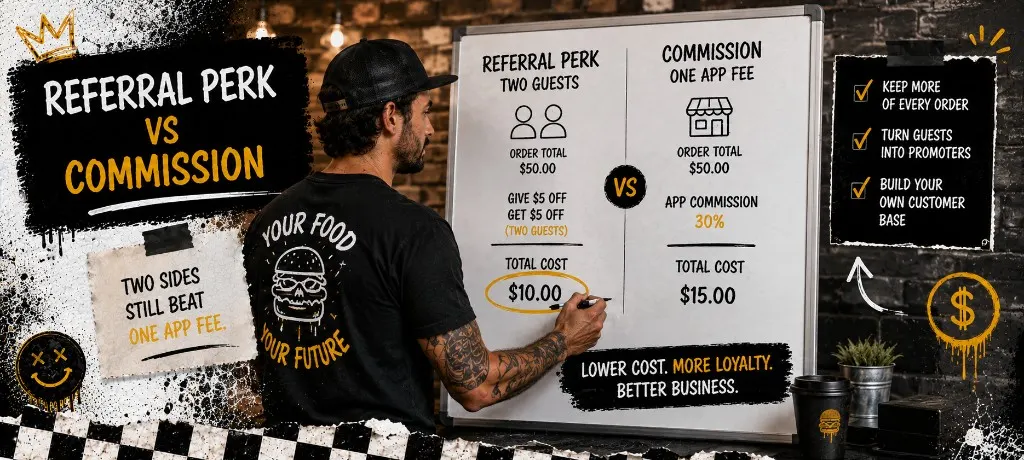 Whiteboard comparing dual reward food cost for give a taco get a taco against the value of a new direct ordering guest
