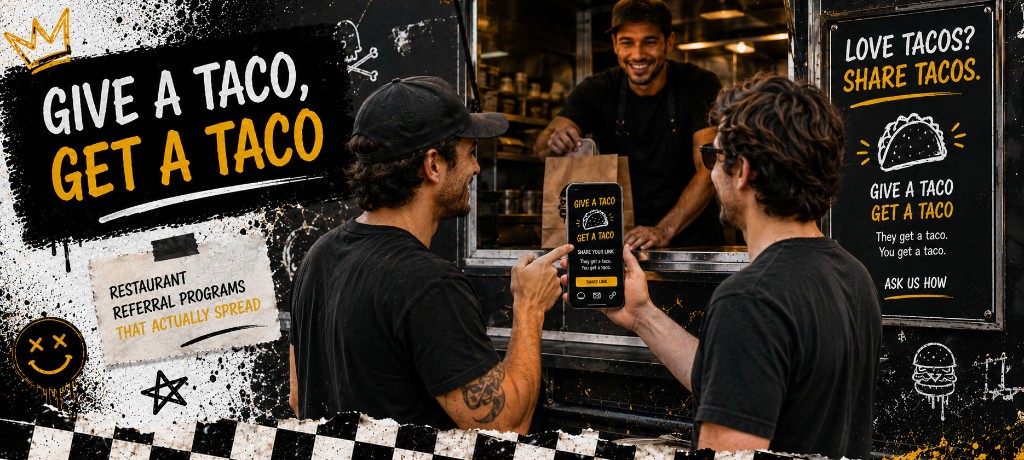 Two guests at a taco shop counter exchanging a referral offer while one holds a phone showing a give a taco get a taco dual reward screen
