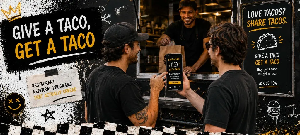 Two guests at a taco shop counter exchanging a referral offer while one holds a phone showing a give a taco get a taco dual reward screen