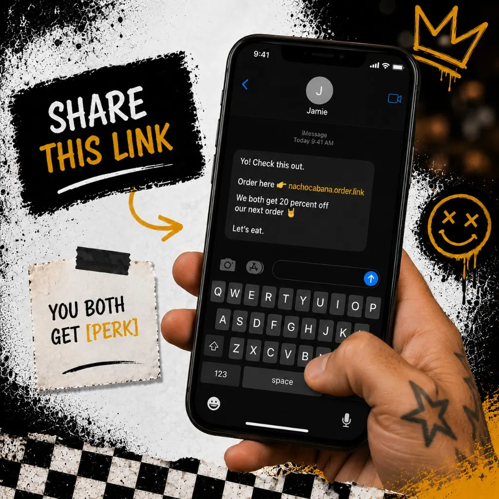 Phone lock screen showing an SMS referral invite with a give a taco get a taco offer and direct order link