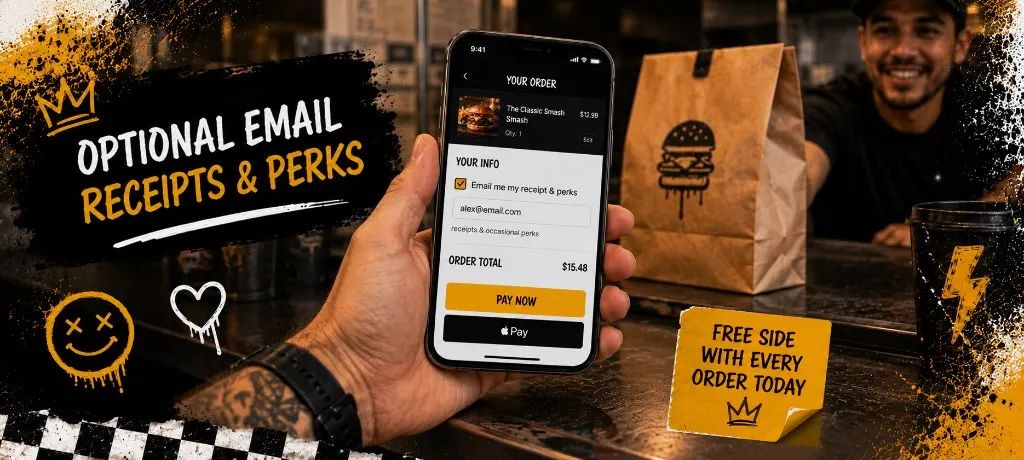 Checkout screen on phone showing optional email field with a short incentive line beneath it