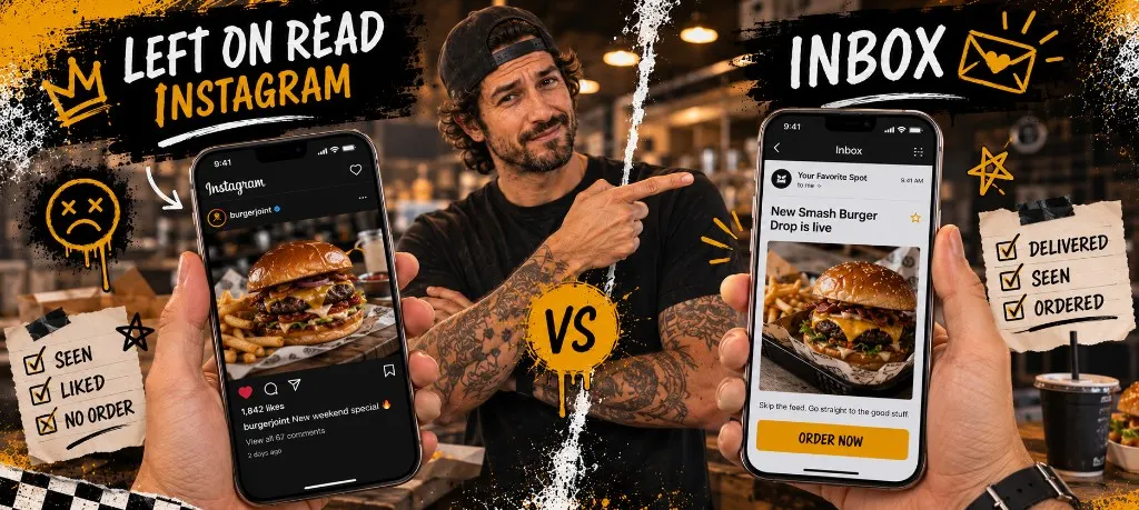 Split comparison of left-on-read Instagram engagement versus an inbox email with an order button, with a restaurant owner pointing to the inbox side