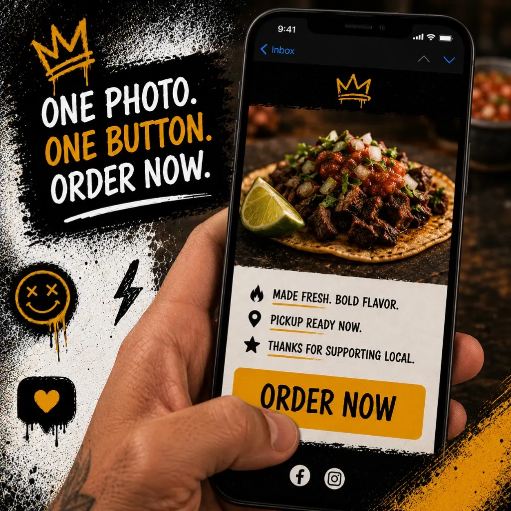 Phone showing opened restaurant marketing email with prominent order button and single menu photo