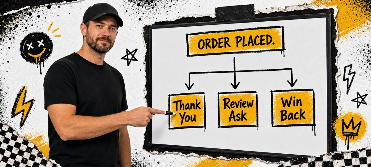 Whiteboard flowchart showing order placed leading to thank you email, review ask, and win-back message with arrows between steps