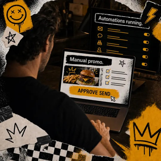 Owner reviewing one manual campaign on laptop before approving send, automated triggers listed on screen behind