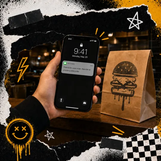 Guest holding phone showing post-order SMS with thank you line and order link