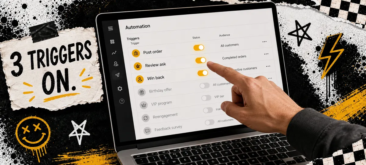 Dashboard screen showing automated trigger list with toggles for post-order thank you, review ask, and win-back