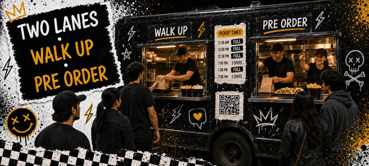 Food truck with two marked lanes, expo crew calling names, order board showing capped slots marked FULL