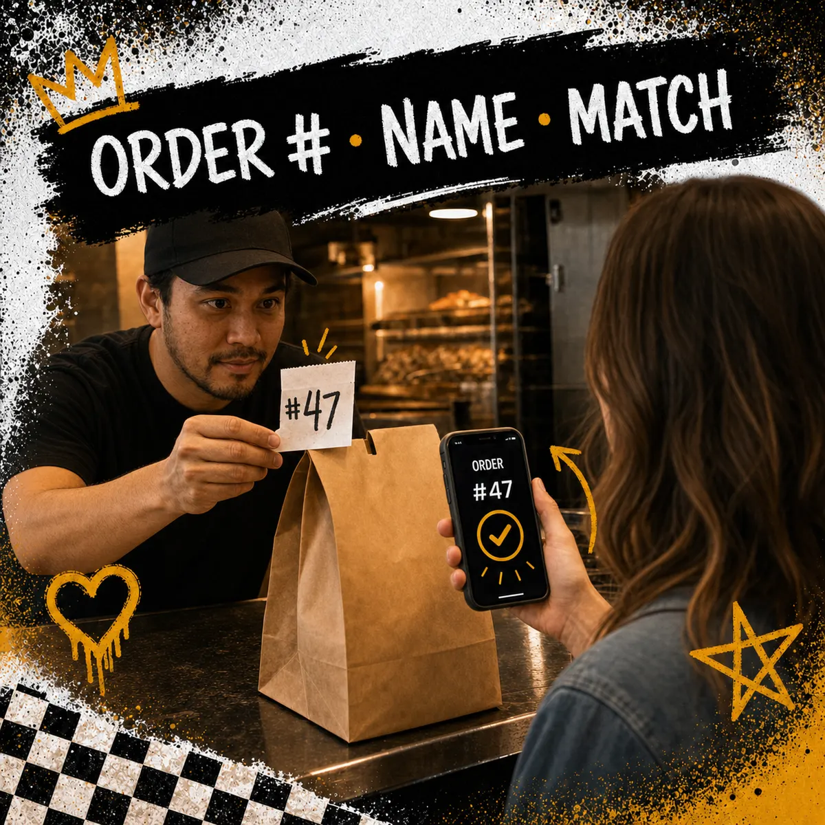 Food truck crew member handing bag to guest after checking order number on guest phone screen