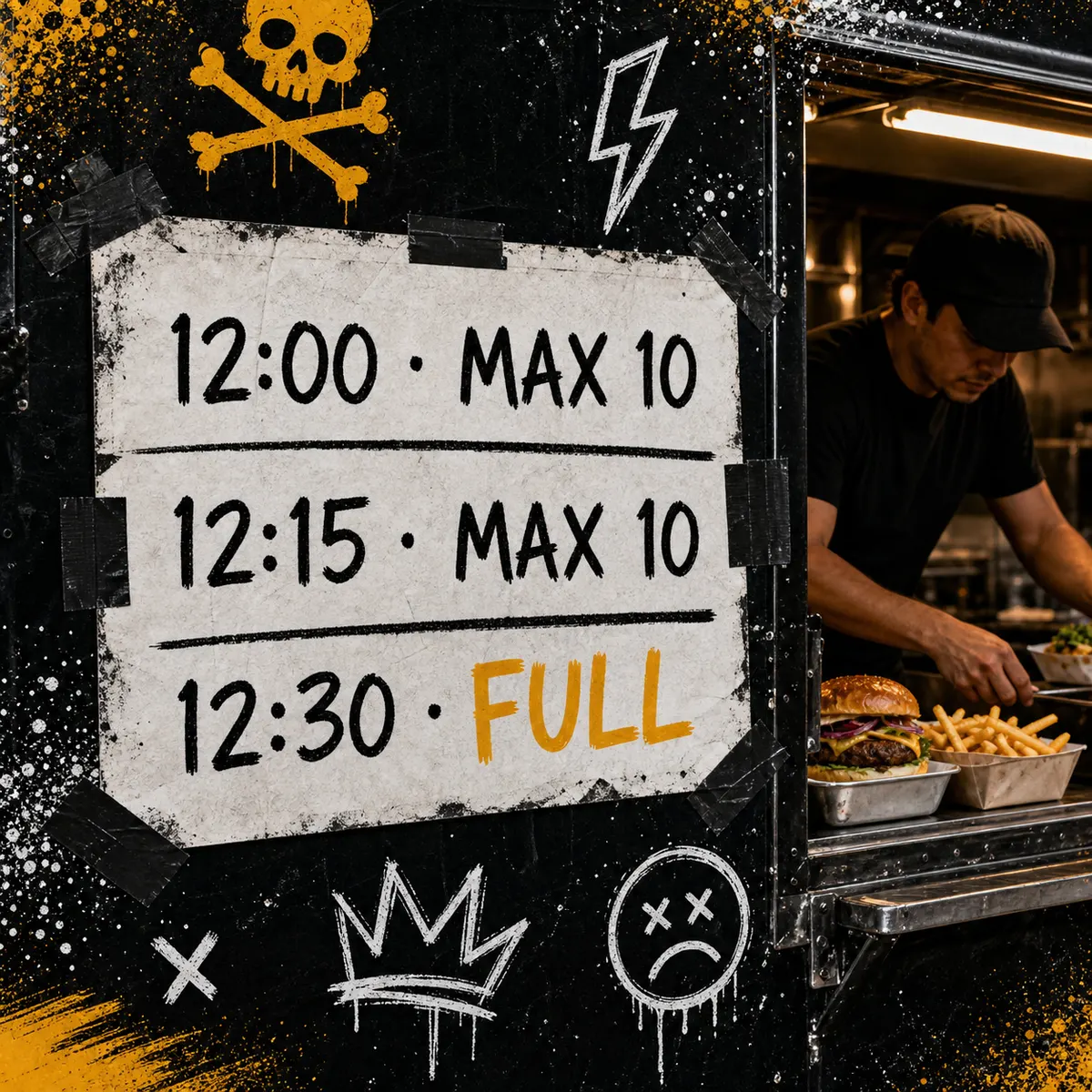 Whiteboard at food truck showing pickup slot sheet with max orders per fifteen-minute window and several slots marked full