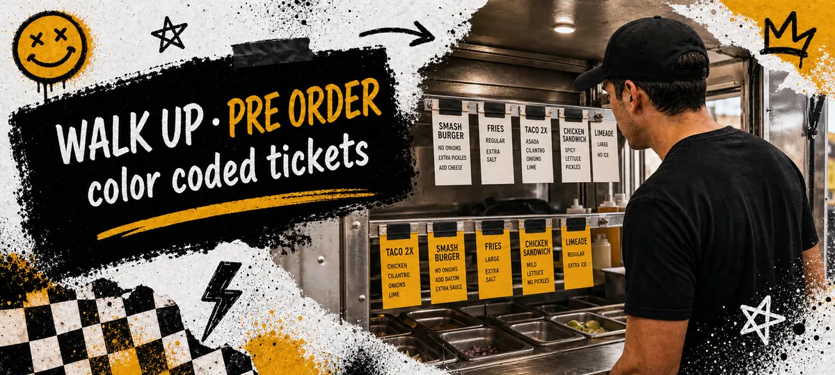 Ticket rail at food truck window with color-coded walk-up tickets and pre-order tickets clipped in separate rows
