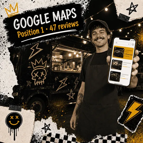 Food truck operator outside their truck holding a phone showing Google Maps three-pack with their truck highlighted at position one