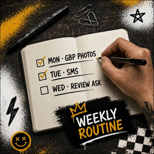 Weekly planner notebook open to a simple marketing routine checklist with tasks for GBP, SMS, and review asks