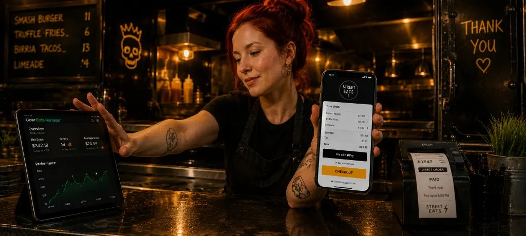 Restaurant owner at a counter sliding a tablet showing marketplace commission fees away while holding a phone with a direct ordering checkout open