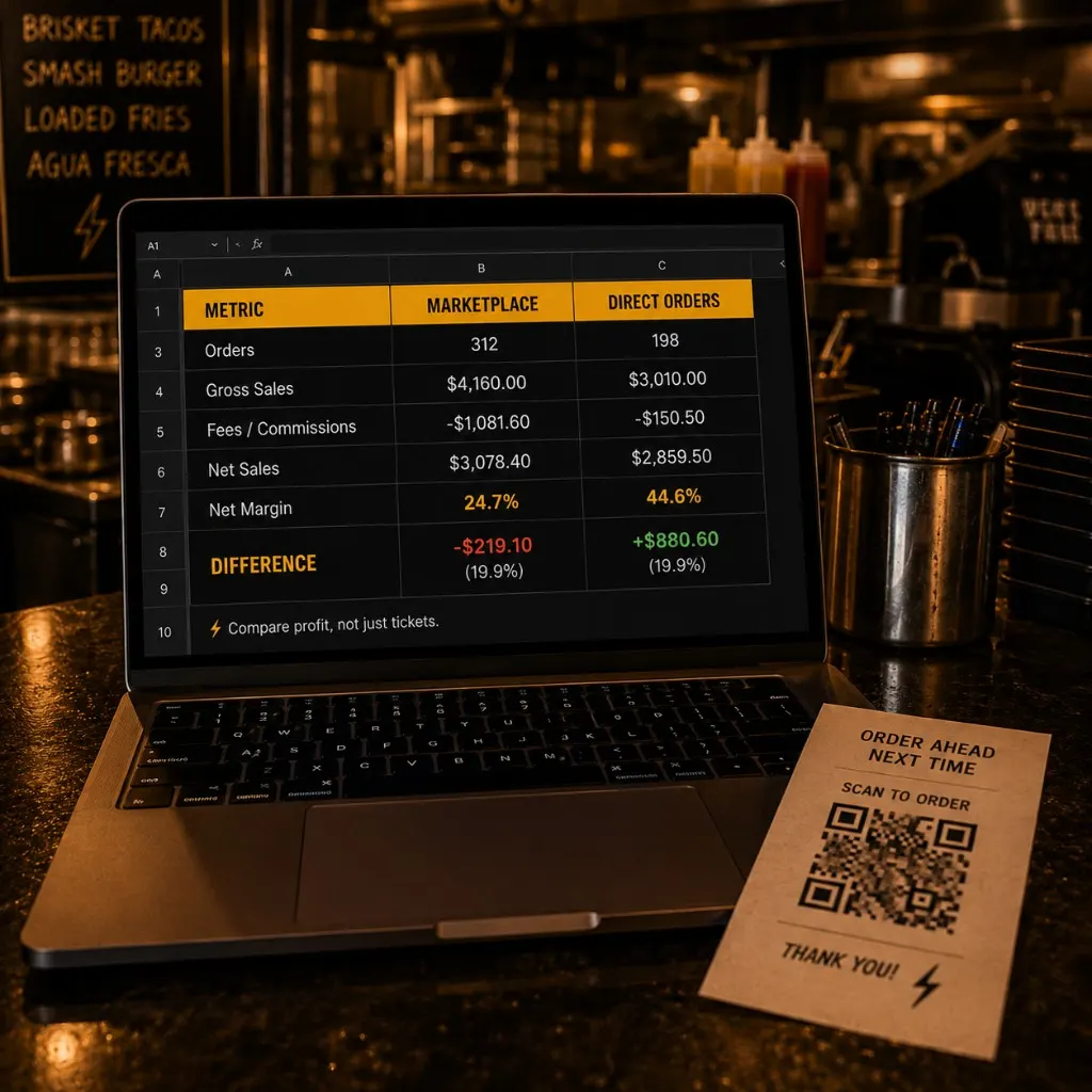 Laptop spreadsheet comparing marketplace vs direct order count and net margin with a printed receipt showing a QR code to direct ordering