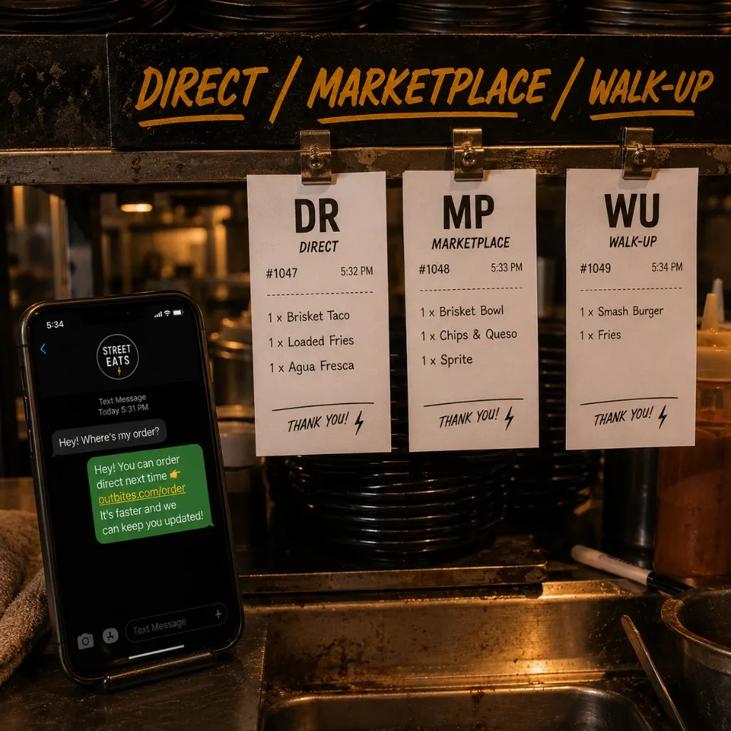 Kitchen expo station with three color-coded order tickets labeled Direct, Marketplace, and Walk-up beside a phone showing a guest SMS with the direct link
