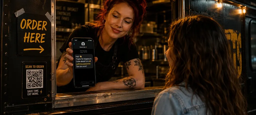 Food truck window with staff member showing a guest their phone ready to send an SMS with the direct ordering link, QR code sign visible on the truck door