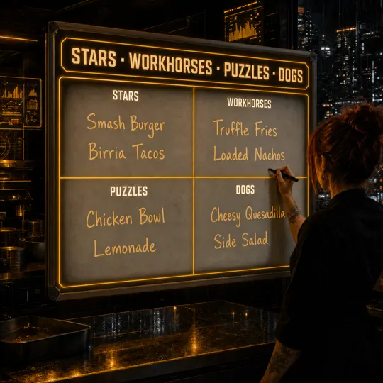 Whiteboard showing a 2-by-2 menu engineering grid labeled Stars, Workhorses, Puzzles, and Dogs with menu items written in each box