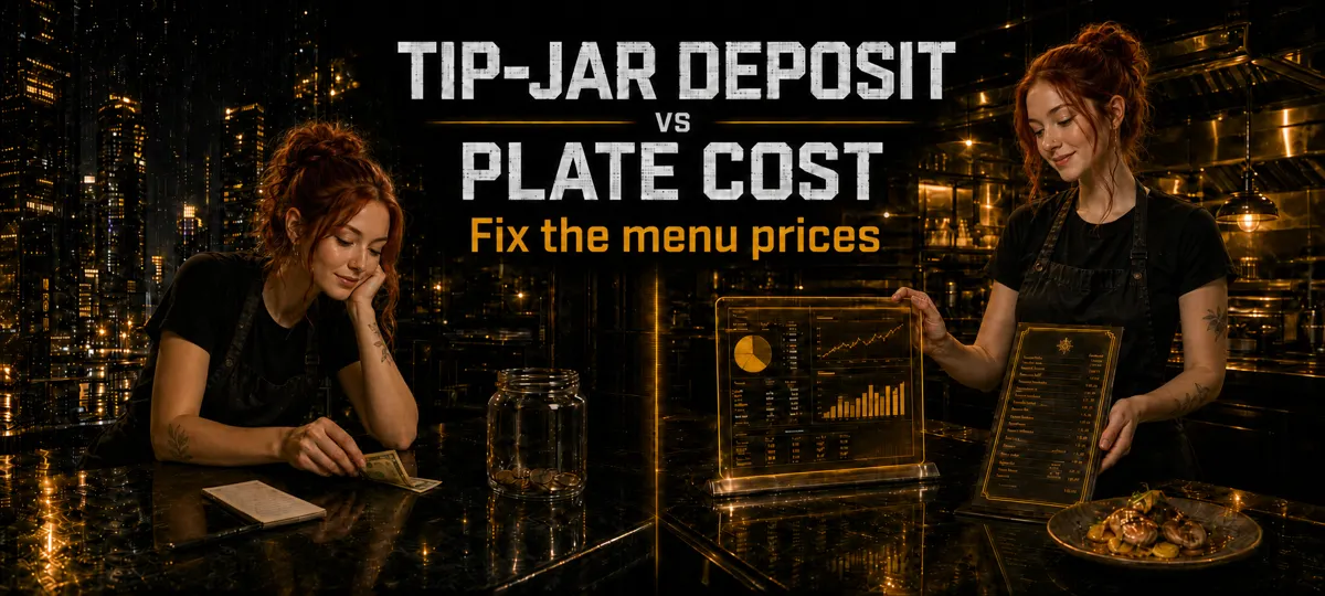 Split scene with a tired restaurant owner counting a thin bank deposit after a double on the left and a calm owner next to a clear plate-cost worksheet with suggested menu prices on the right