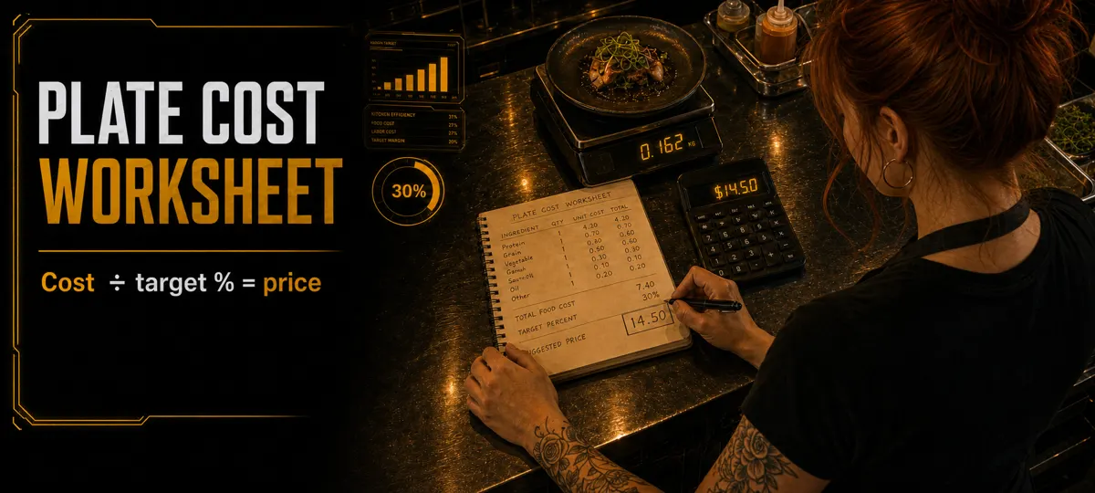 Restaurant owner at a prep table with a handwritten plate-cost worksheet listing ingredients and a calculator showing suggested menu price