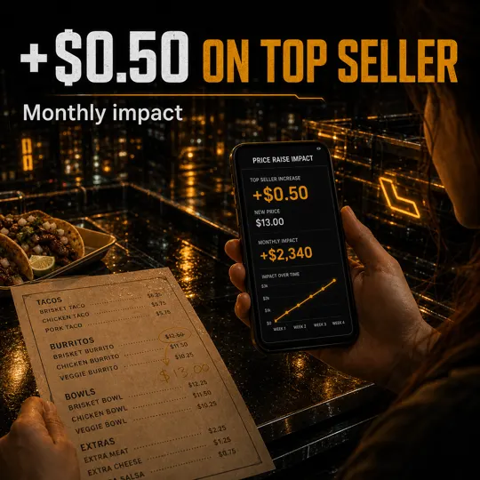 Operator holding a phone showing a price raise impact summary next to a printed menu with a circled price change on the top seller