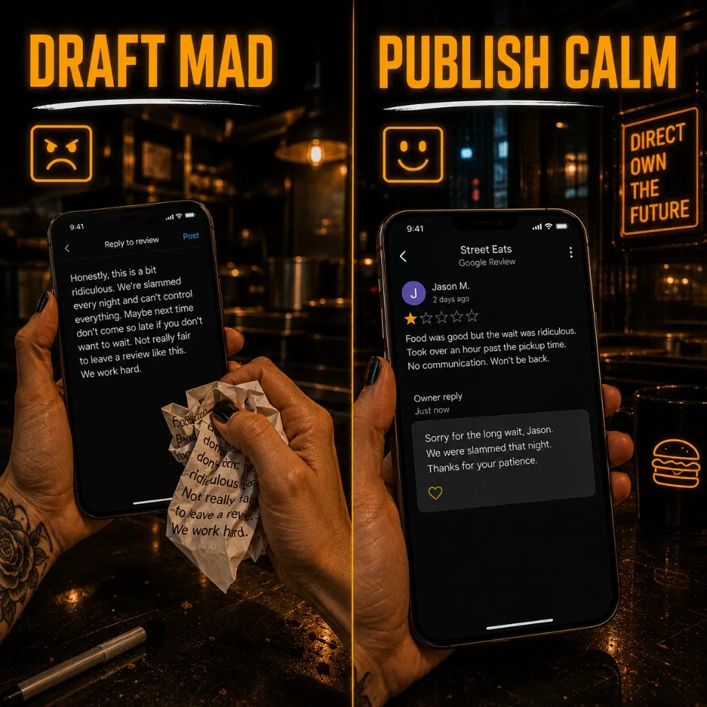 Split scene of an angry typed reply draft being crumpled versus a calm short owner reply on a phone screen