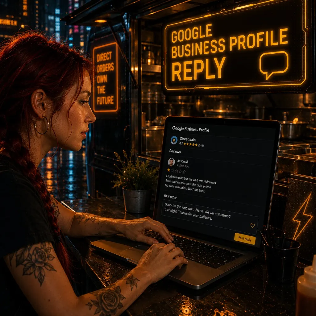 Food truck operator at a laptop showing Google Business Profile review reply screen with a short thank-you reply drafted