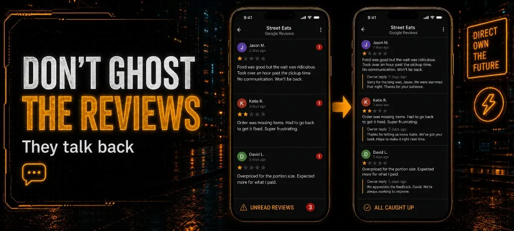 Split phone screen showing unread Google reviews with notification badges on the left and the same reviews with owner replies posted on the right