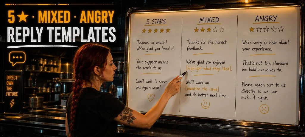 Whiteboard with three columns of Google review reply templates labeled 5 stars, mixed, and angry, restaurant owner pointing at the mixed column