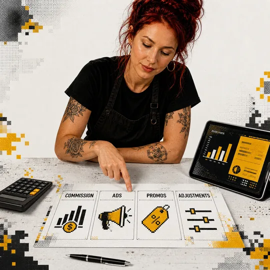 Owner at a counter pointing at four labeled buckets on a worksheet: commission, ads, promos, and adjustments
