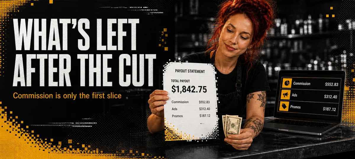 Restaurant owner holding a marketplace payout statement next to a small stack of cash showing what's left after fees